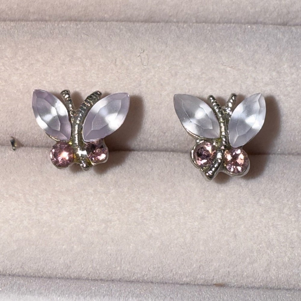 Vintage Silver Butterfly Purple Gemstone Stud Earrings - Picture 2 of 11